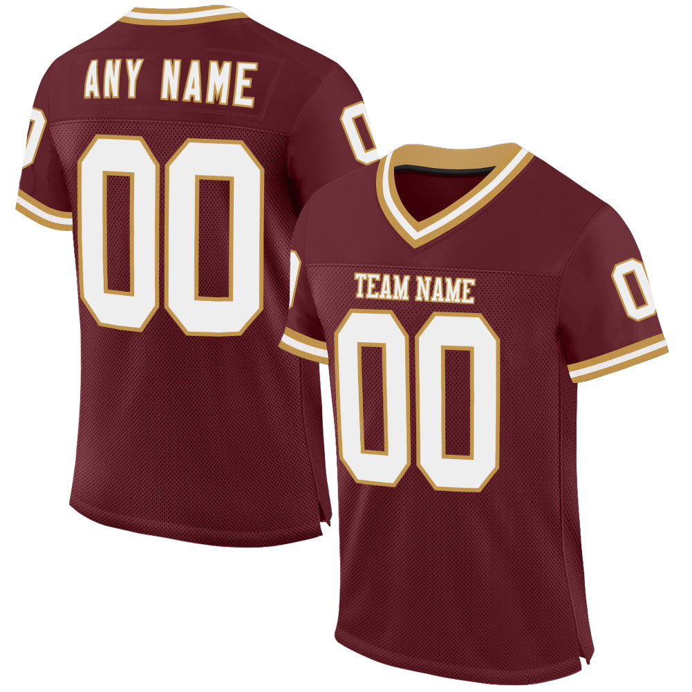 Custom Burgundy White-Old Gold Mesh Authentic Throwback Football Jersey - Main View