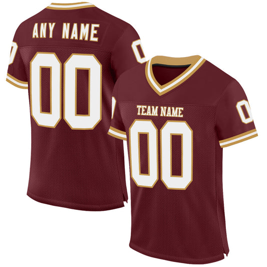 Custom Burgundy White-Old Gold Mesh Authentic Throwback Football Jersey - Main View