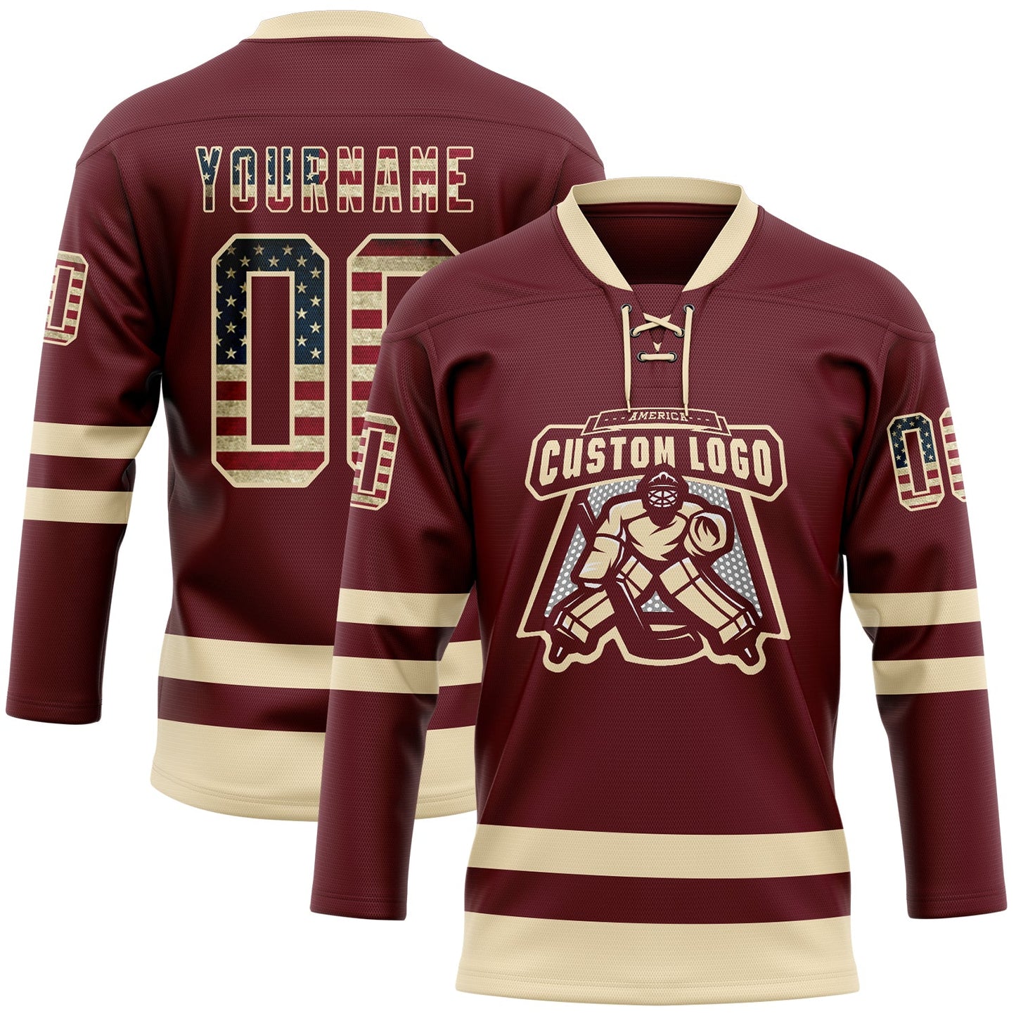 Custom Burgundy Vintage USA Flag-Cream Hockey Lace Neck Jersey view 2