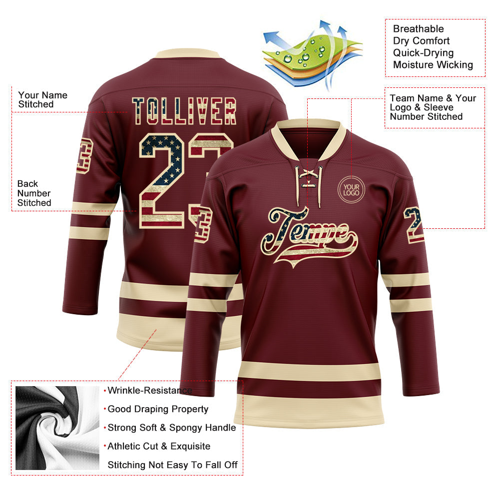 Custom Burgundy Vintage USA Flag-Cream Hockey Lace Neck Jersey view 3