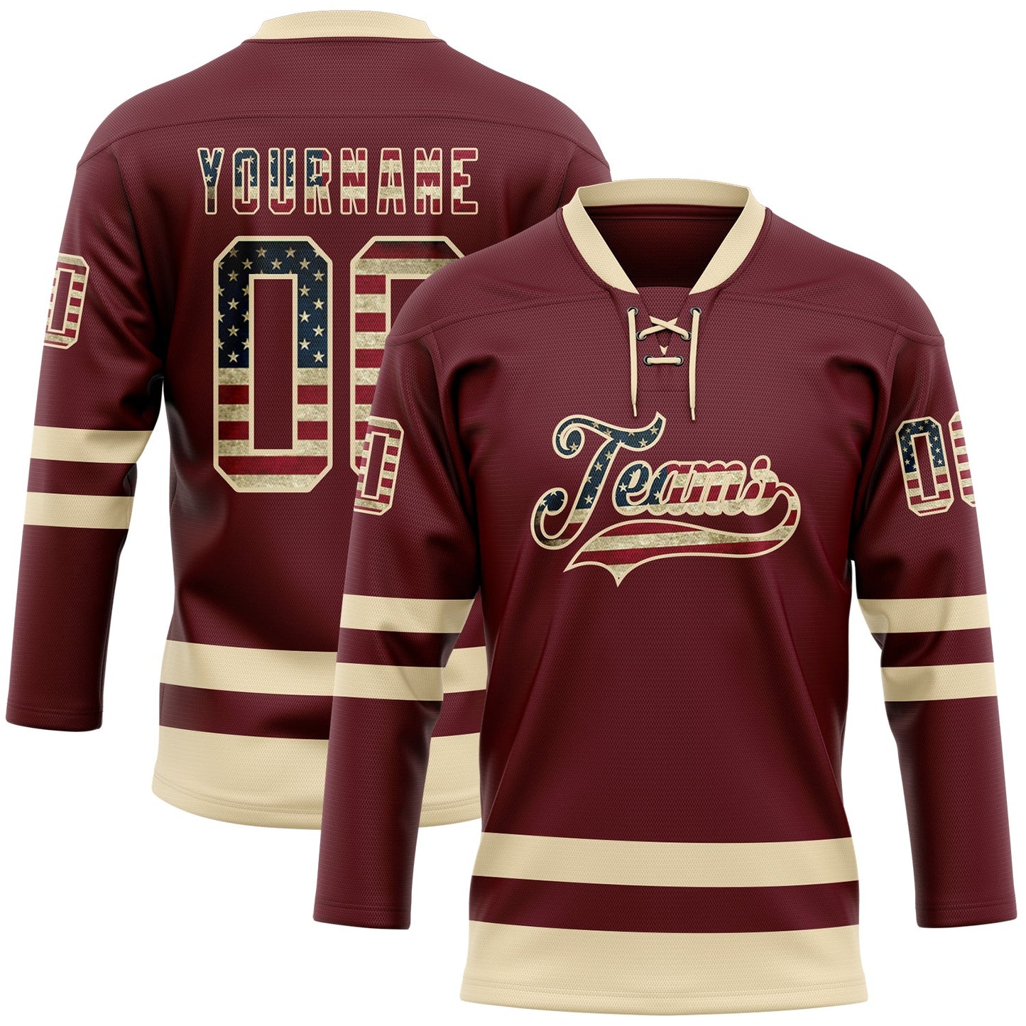 Custom Burgundy Vintage USA Flag-Cream Hockey Lace Neck Jersey - Main View