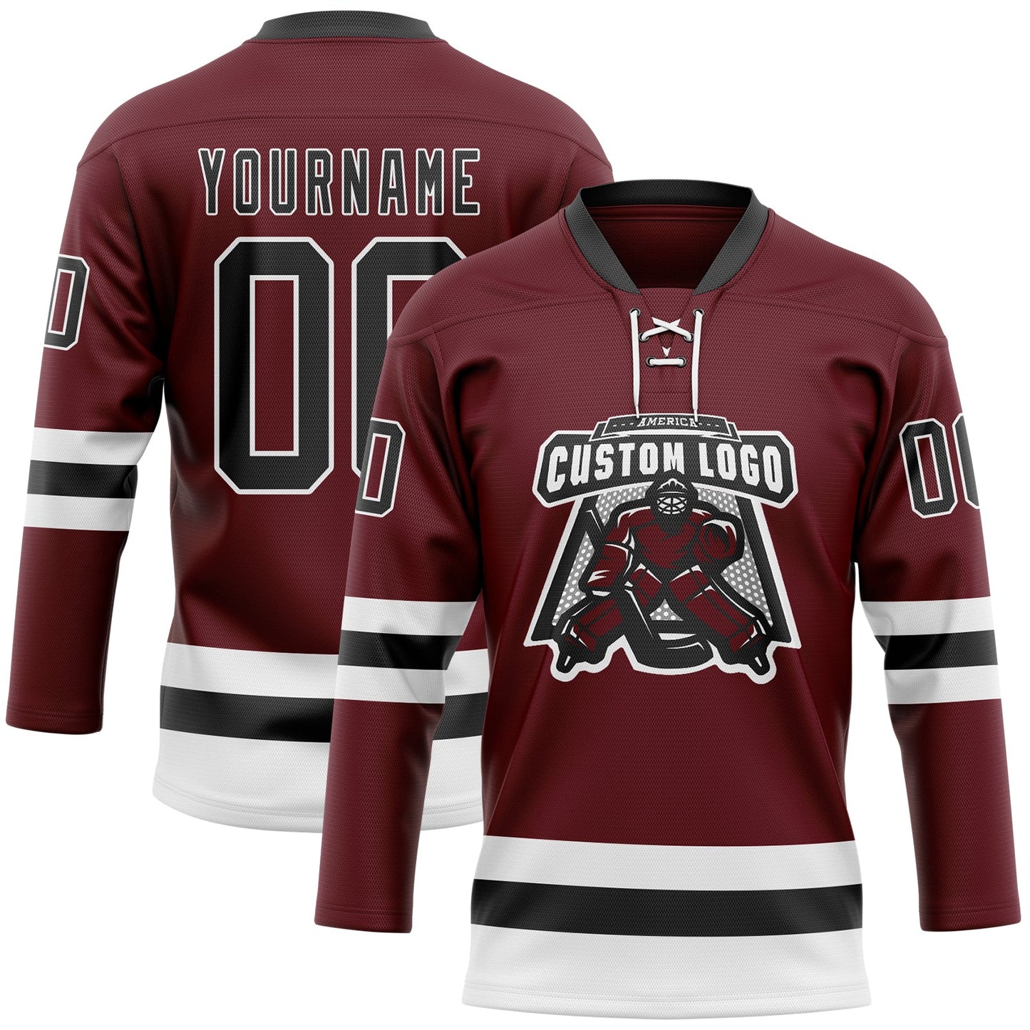 Custom Burgundy Black-White Hockey Lace Neck Jersey view 2
