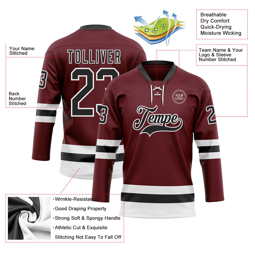 Custom Burgundy Black-White Hockey Lace Neck Jersey view 3