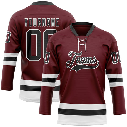 Custom Burgundy Black-White Hockey Lace Neck Jersey - Main View
