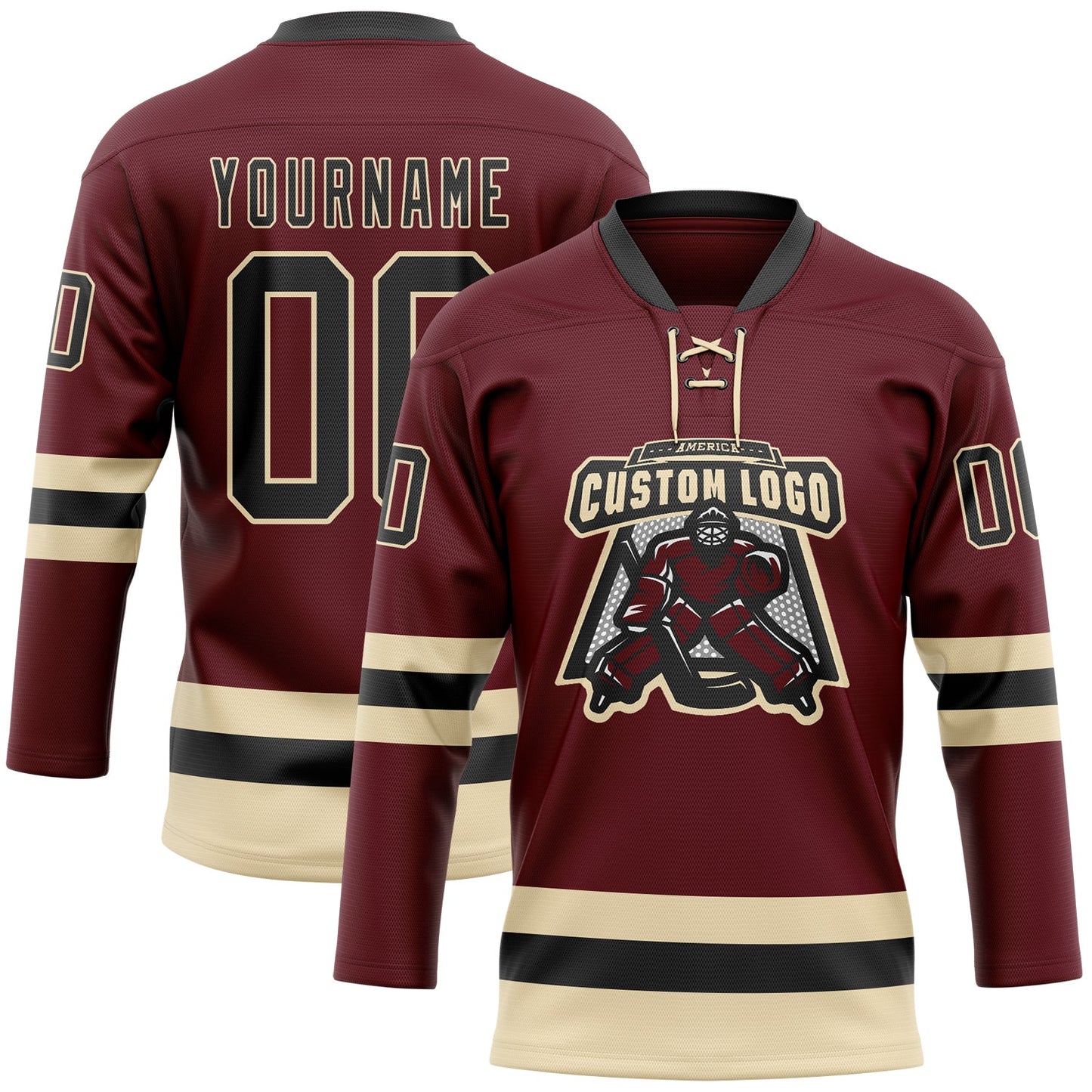 Custom Burgundy Black-Cream Hockey Lace Neck Jersey view 2