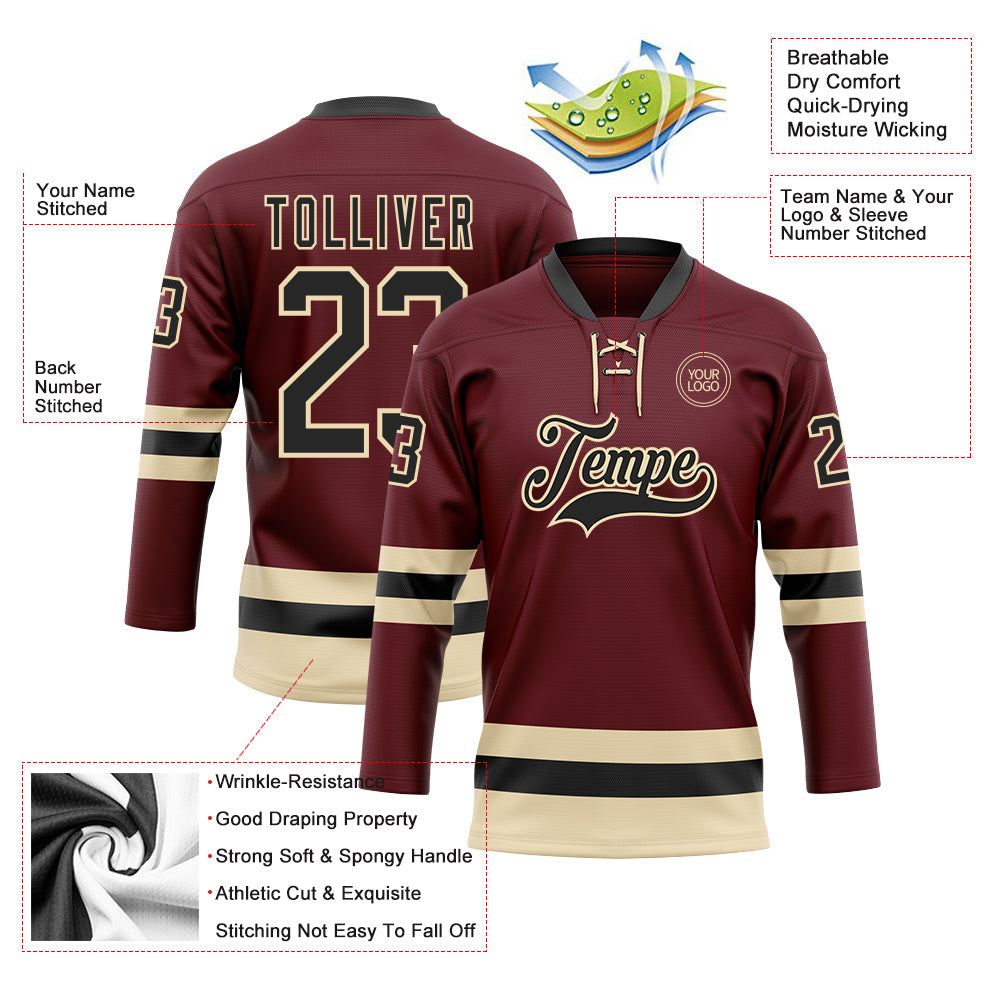 Custom Burgundy Black-Cream Hockey Lace Neck Jersey view 3