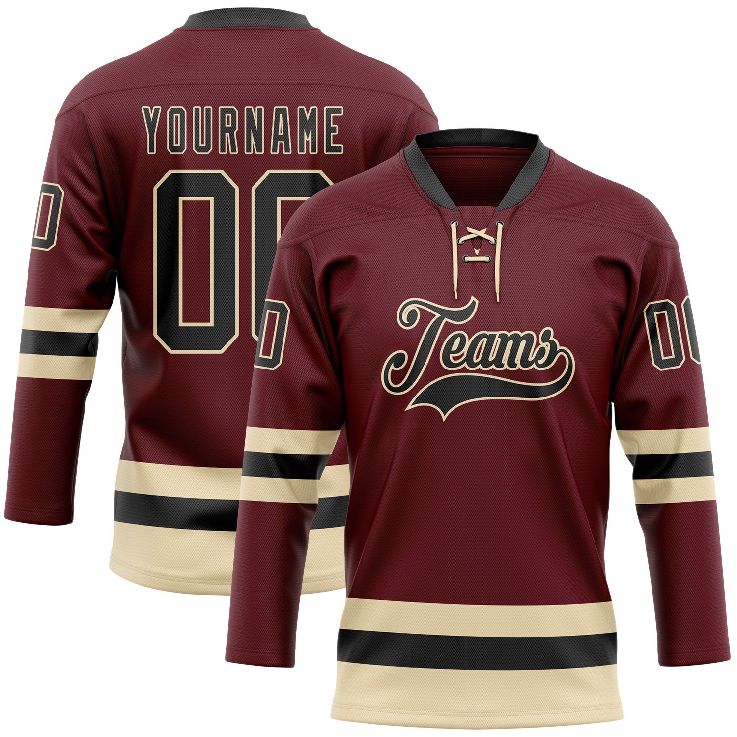 Custom Burgundy Black-Cream Hockey Lace Neck Jersey - Main View