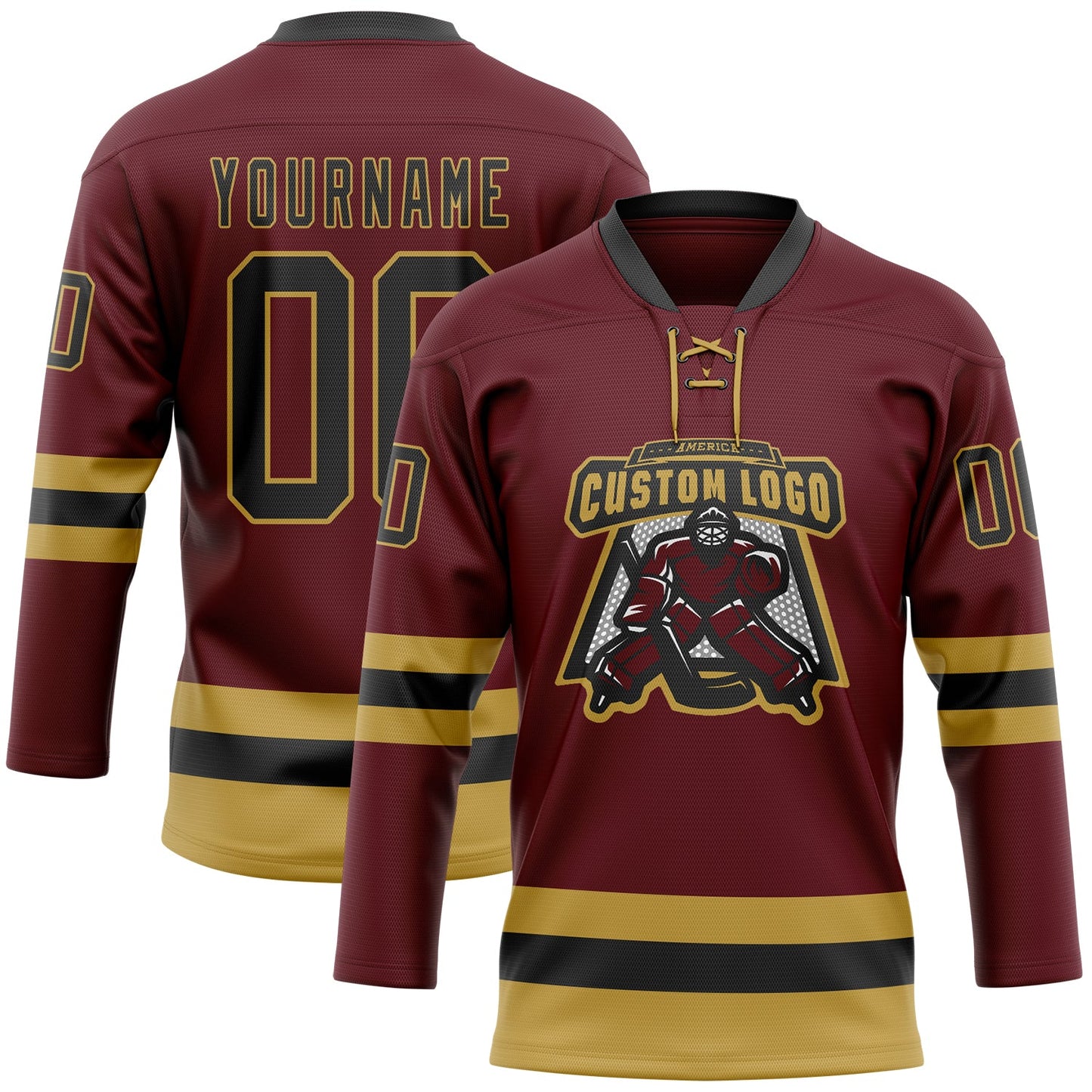 Custom Burgundy Black-Old Gold Hockey Lace Neck Jersey view 2