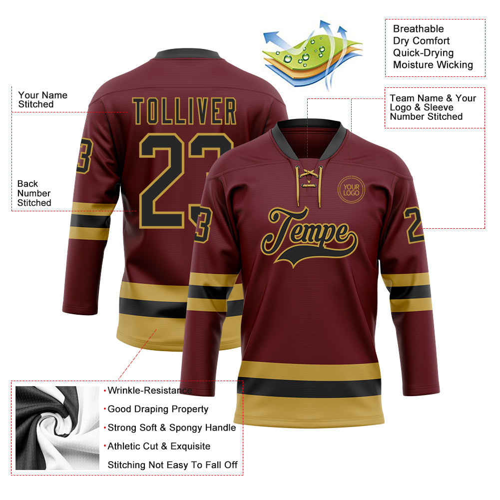 Custom Burgundy Black-Old Gold Hockey Lace Neck Jersey view 3