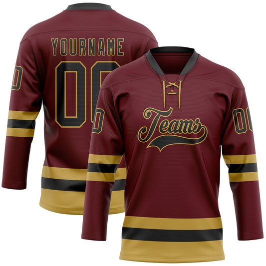 Custom Burgundy Black-Old Gold Hockey Lace Neck Jersey - Main View
