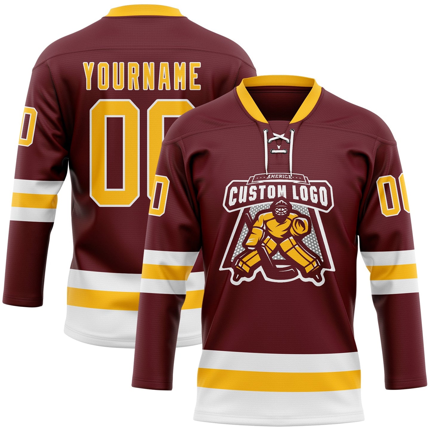 Custom Burgundy Gold-White Hockey Lace Neck Jersey view 2
