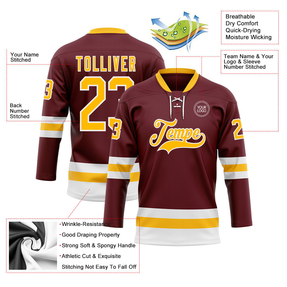 Custom Burgundy Gold-White Hockey Lace Neck Jersey view 3
