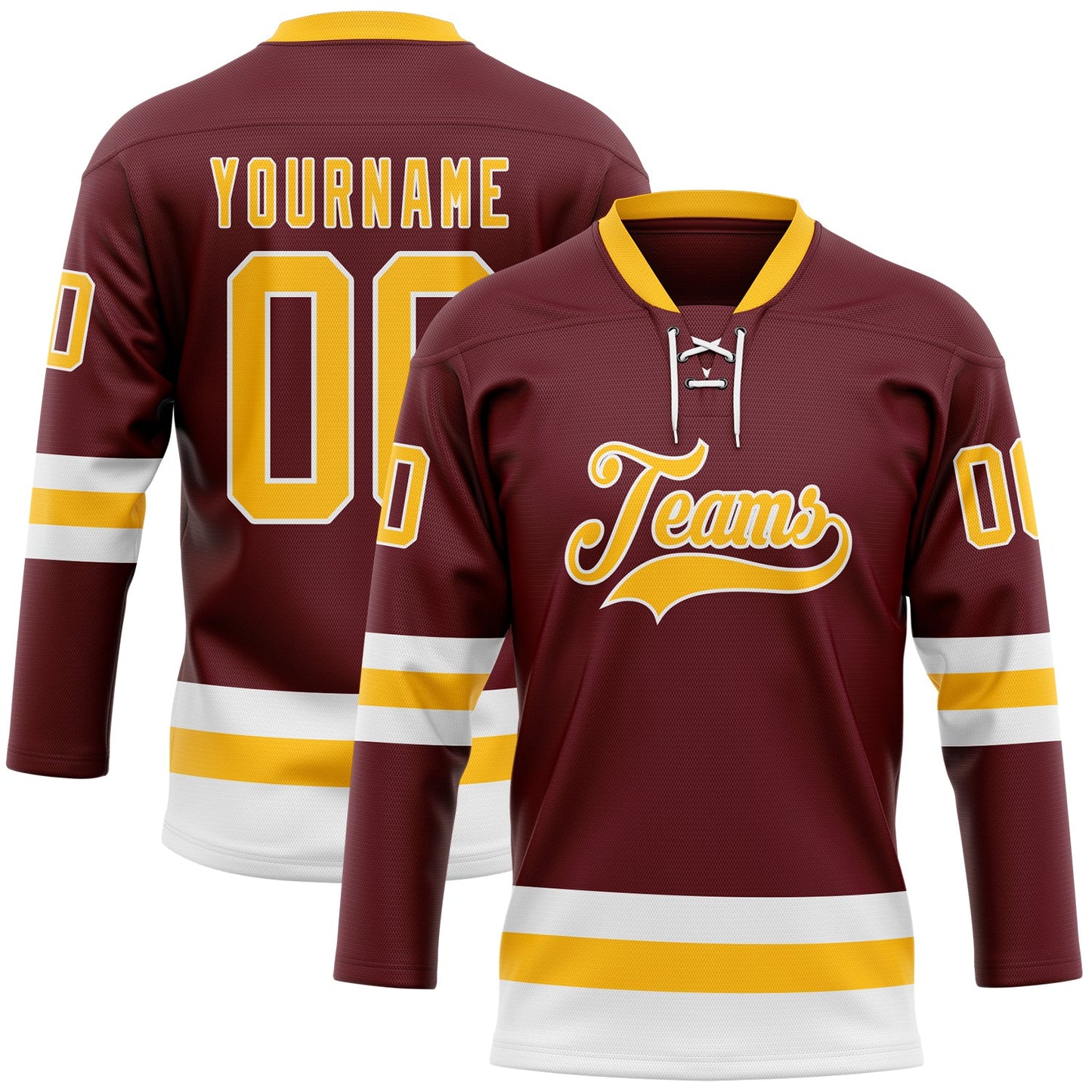 Custom Burgundy Gold-White Hockey Lace Neck Jersey - Main View