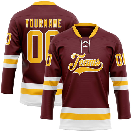 Custom Burgundy Gold-White Hockey Lace Neck Jersey - Main View