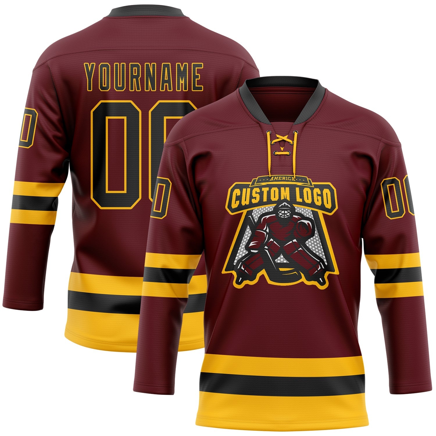 Custom Burgundy Black-Gold Hockey Lace Neck Jersey view 2