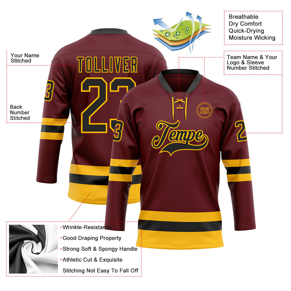 Custom Burgundy Black-Gold Hockey Lace Neck Jersey view 3