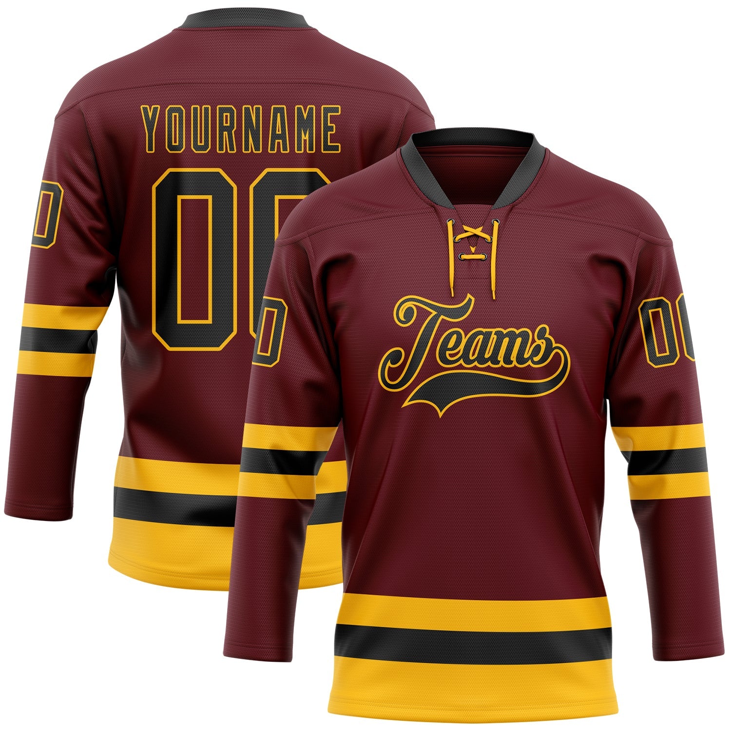 Custom Burgundy Black-Gold Hockey Lace Neck Jersey - Main View