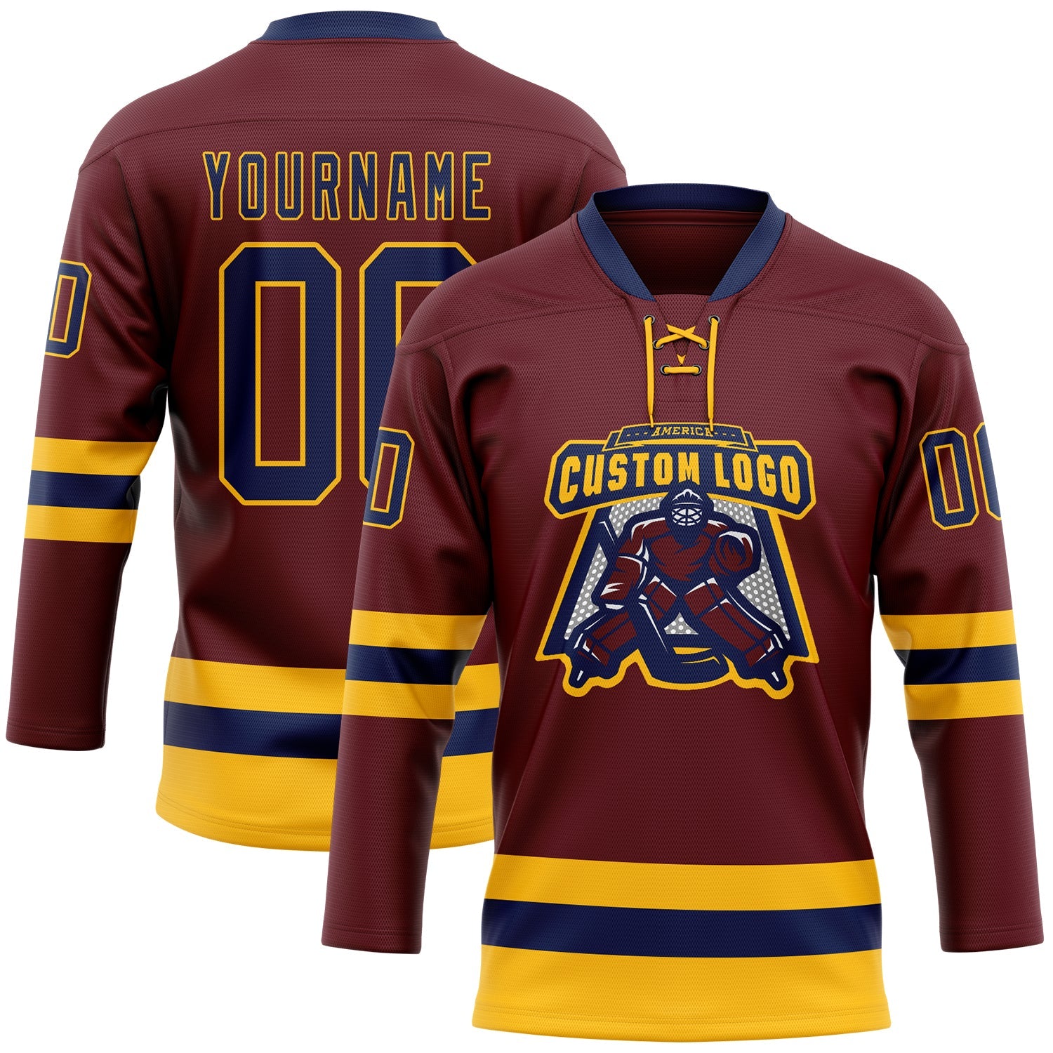 Custom Burgundy Navy-Gold Hockey Lace Neck Jersey view 2