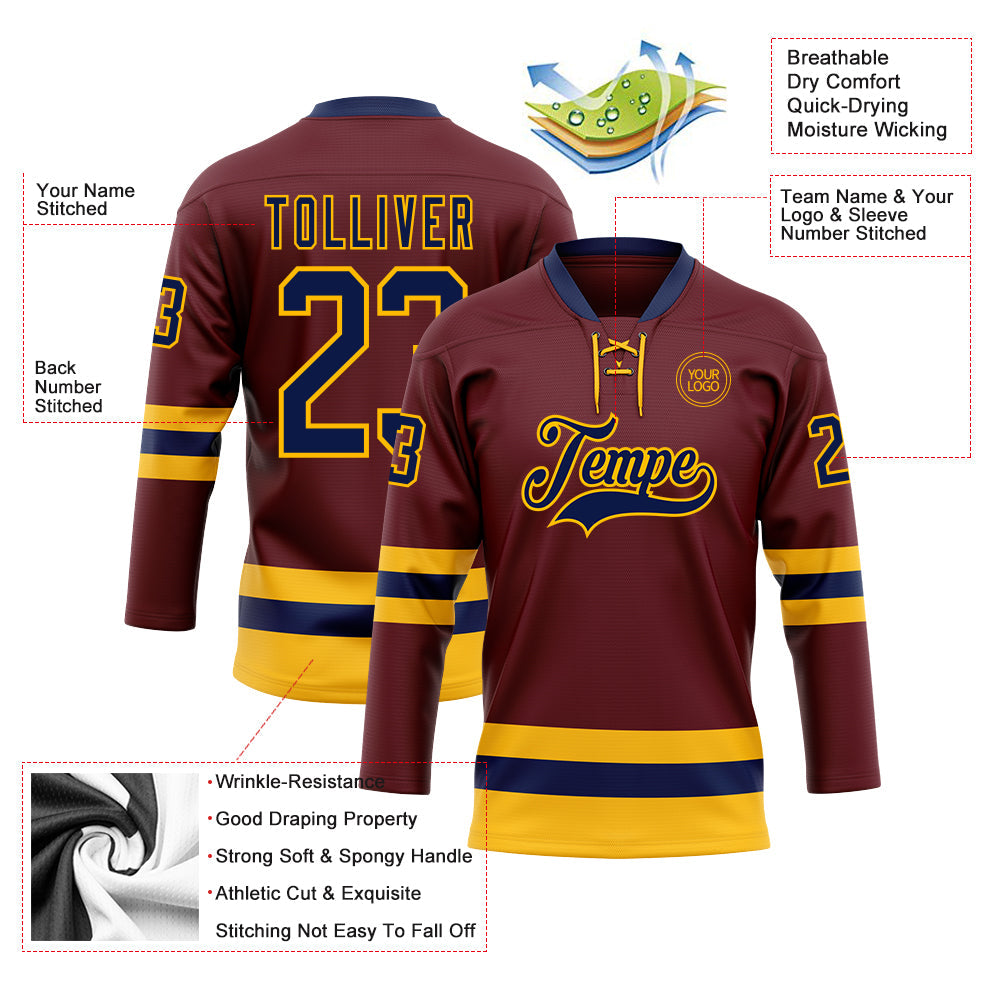 Custom Burgundy Navy-Gold Hockey Lace Neck Jersey view 3