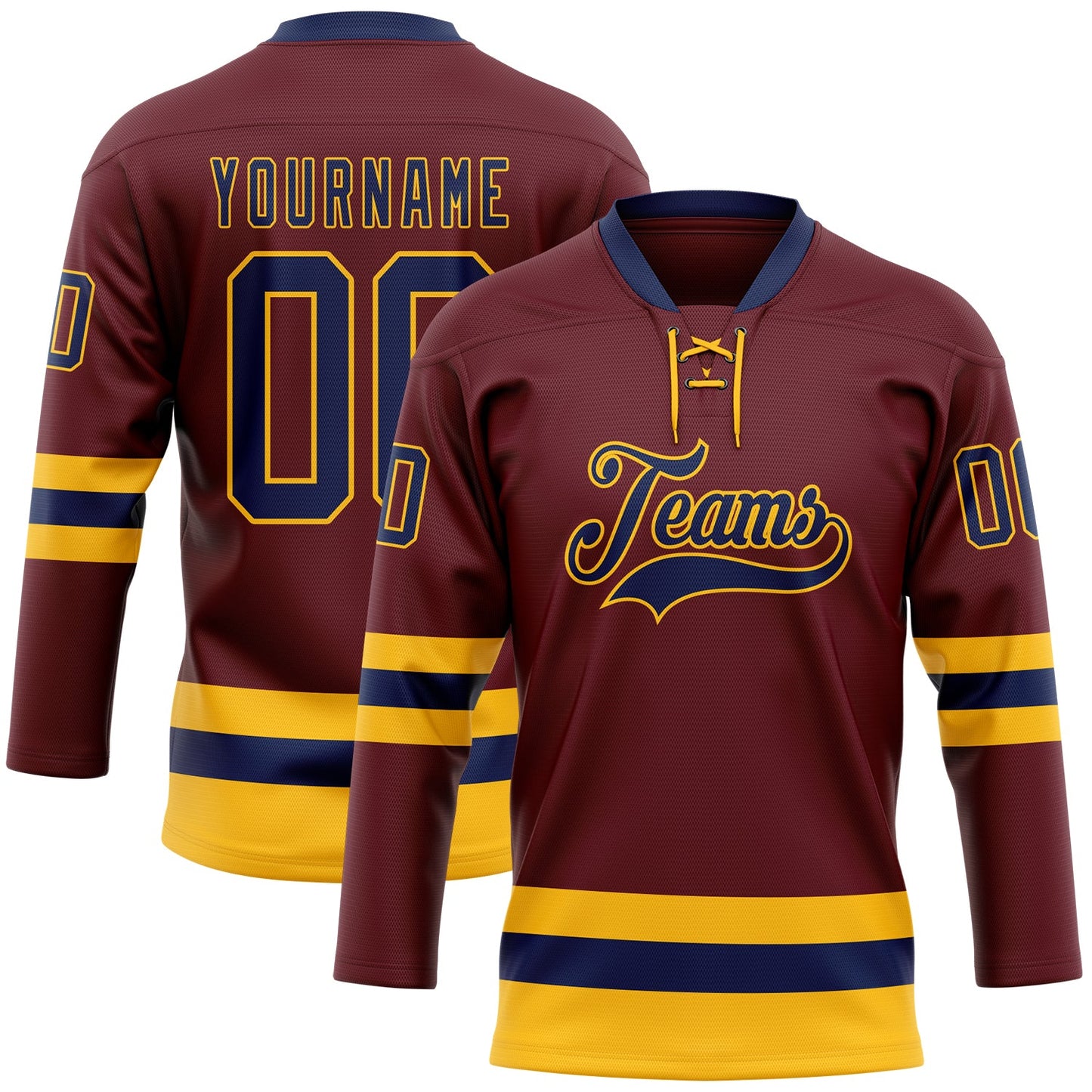 Custom Burgundy Navy-Gold Hockey Lace Neck Jersey - Main View