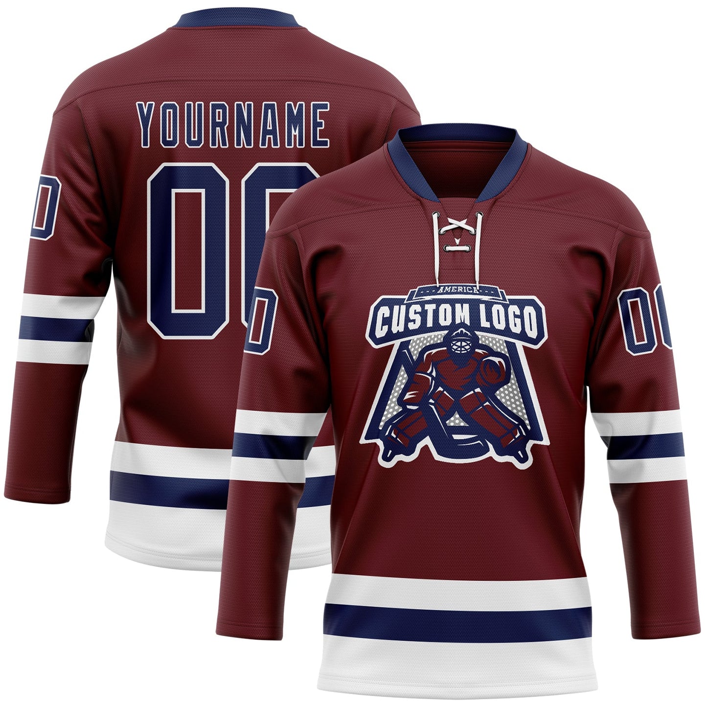 Custom Burgundy Navy-White Hockey Lace Neck Jersey view 2