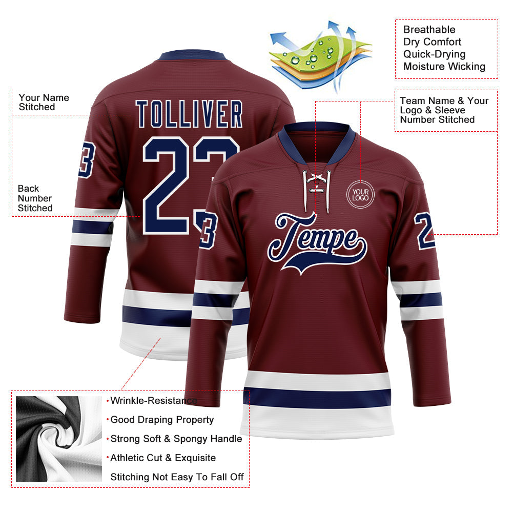 Custom Burgundy Navy-White Hockey Lace Neck Jersey view 3