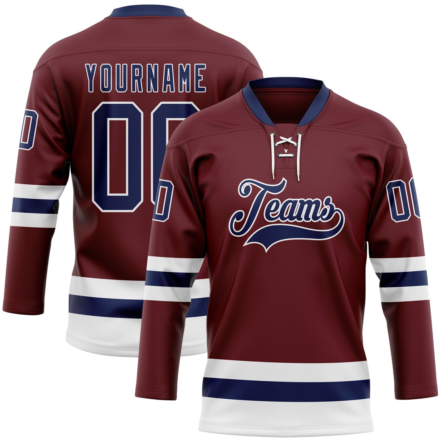Custom Burgundy Navy-White Hockey Lace Neck Jersey - Main View