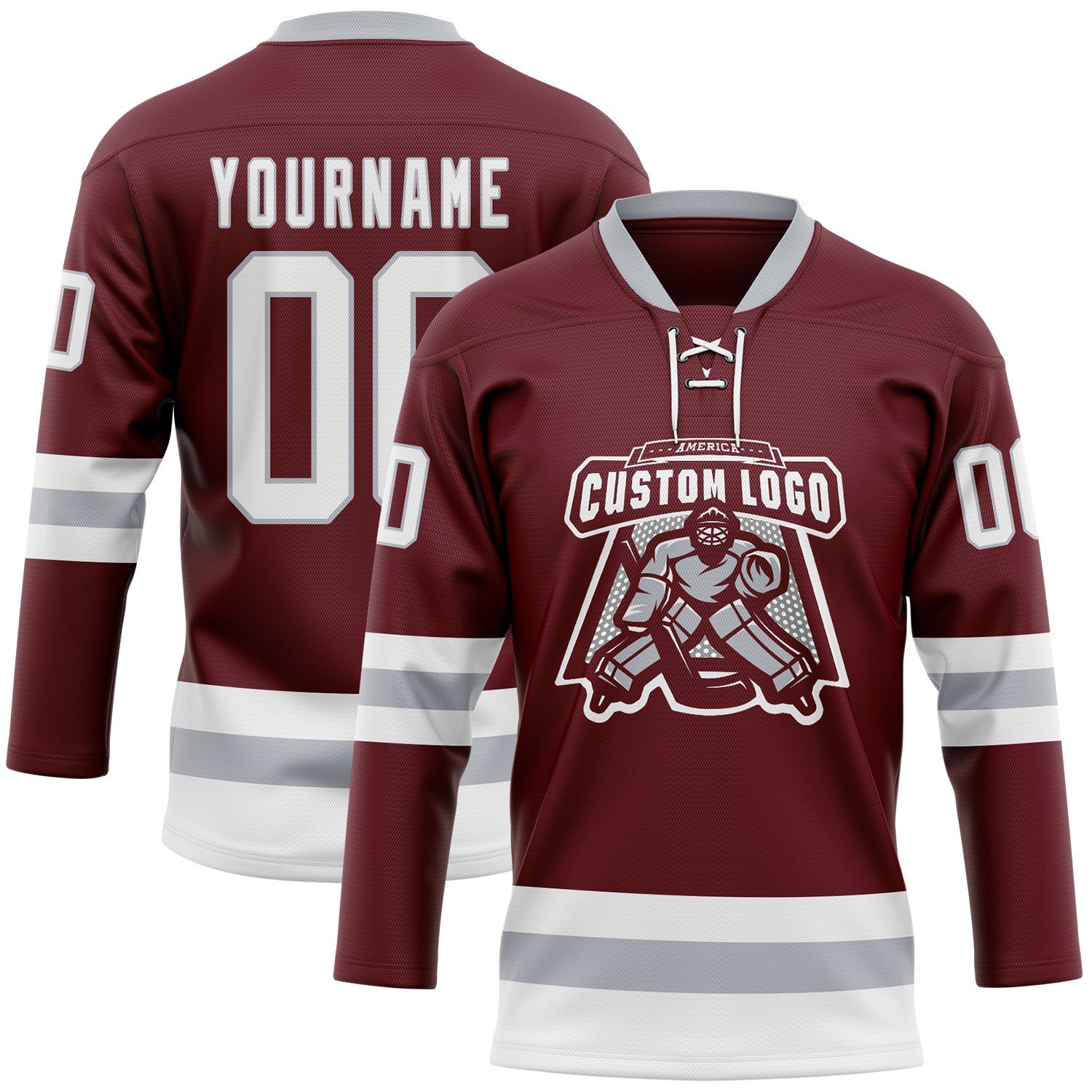 Custom Burgundy White-Gray Hockey Lace Neck Jersey view 2