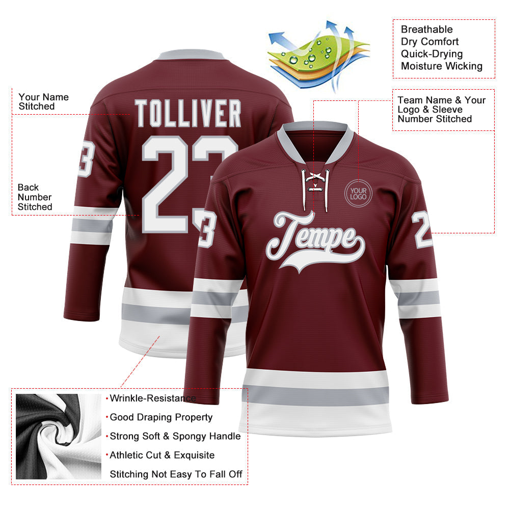 Custom Burgundy White-Gray Hockey Lace Neck Jersey view 3