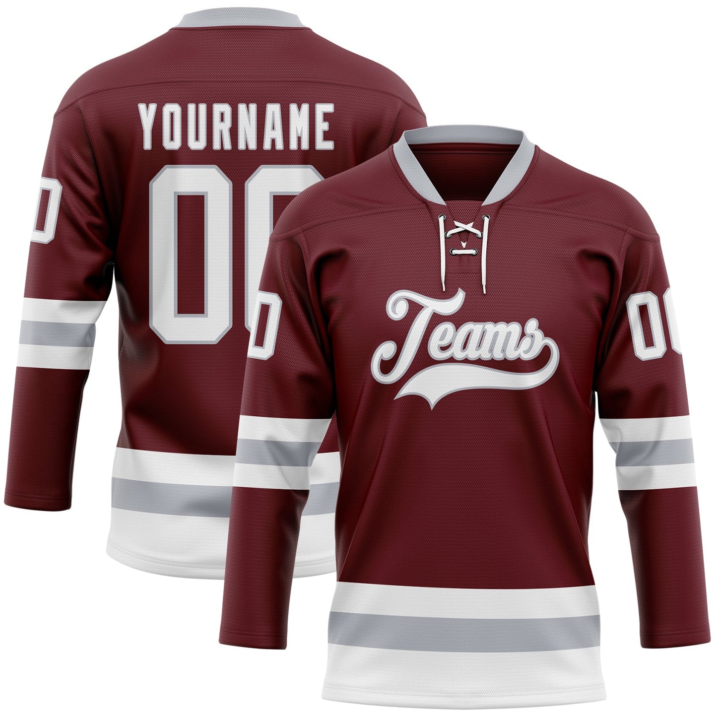 Custom Burgundy White-Gray Hockey Lace Neck Jersey - Main View
