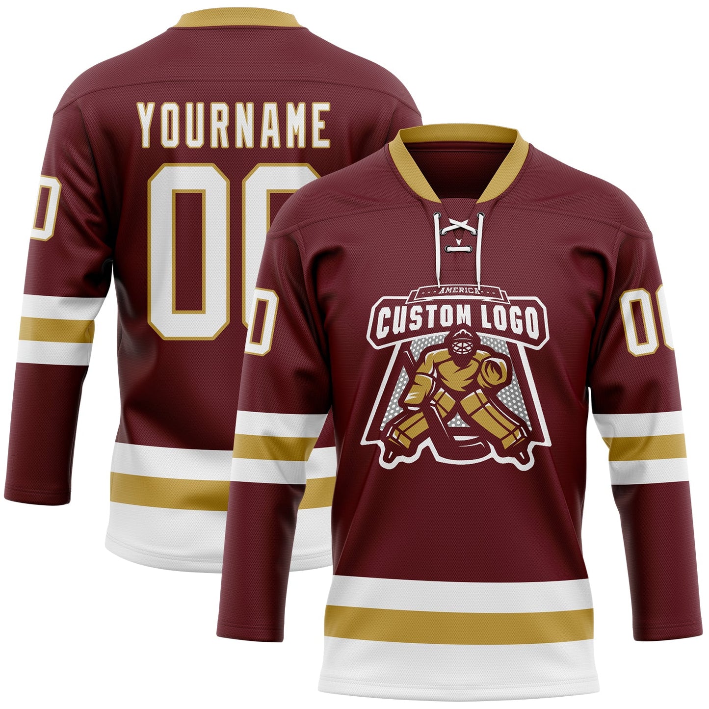Custom Burgundy White-Old Gold Hockey Lace Neck Jersey view 2