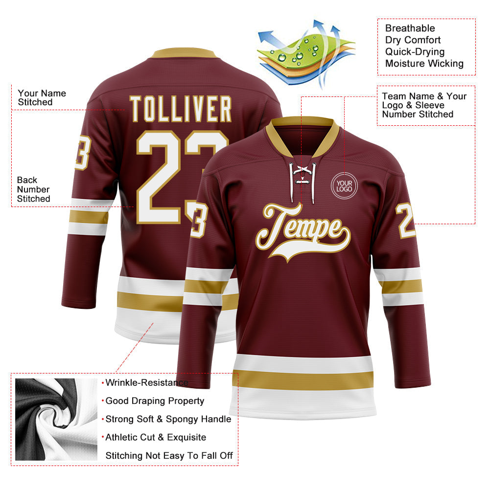 Custom Burgundy White-Old Gold Hockey Lace Neck Jersey view 3
