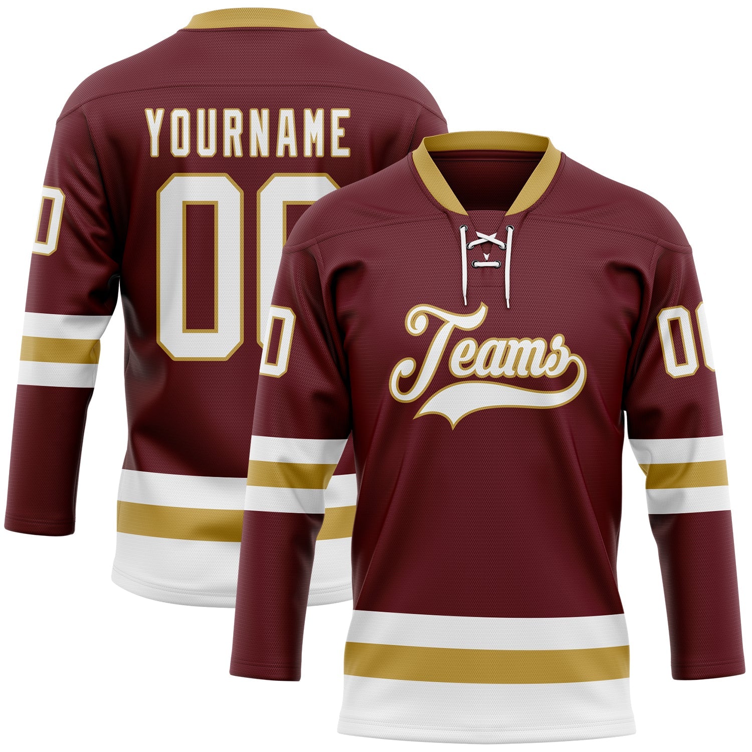 Custom Burgundy White-Old Gold Hockey Lace Neck Jersey - Main View