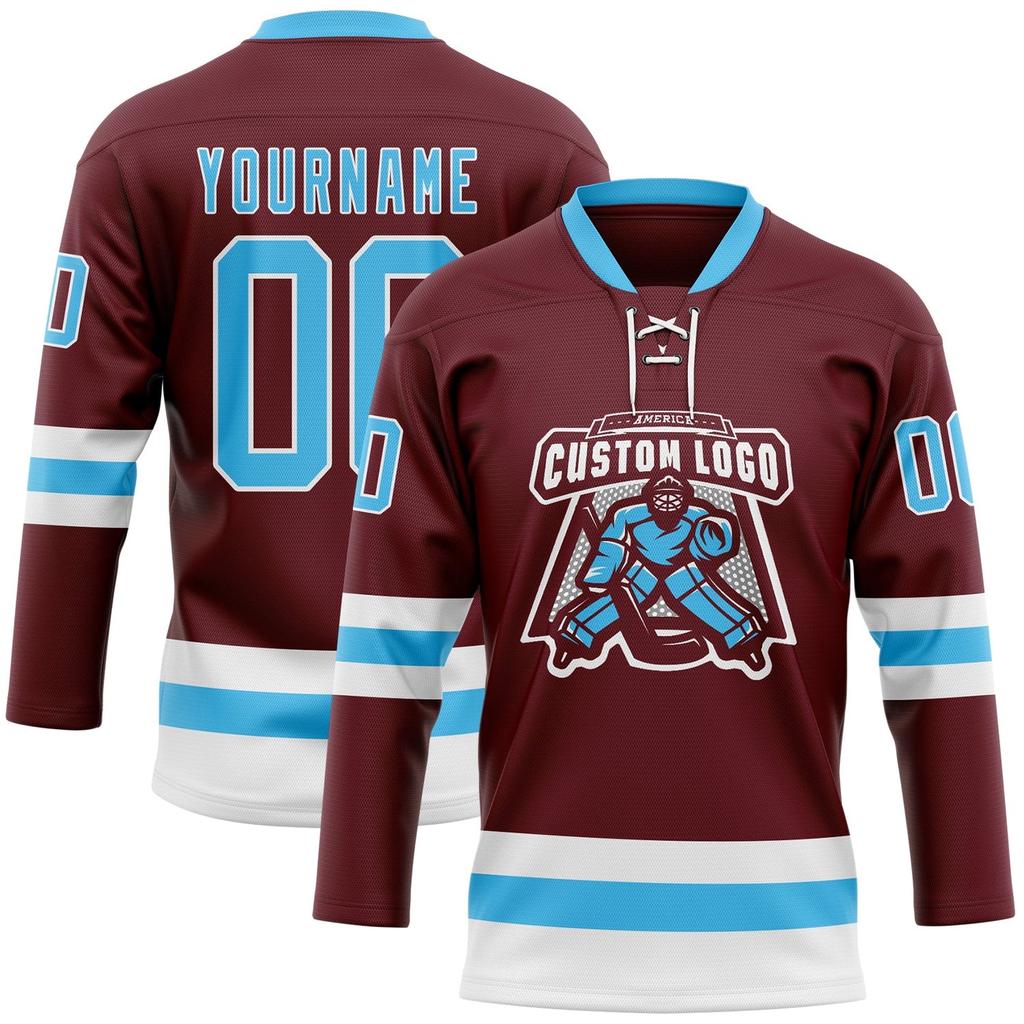 Custom Burgundy Sky Blue-White Hockey Lace Neck Jersey view 2