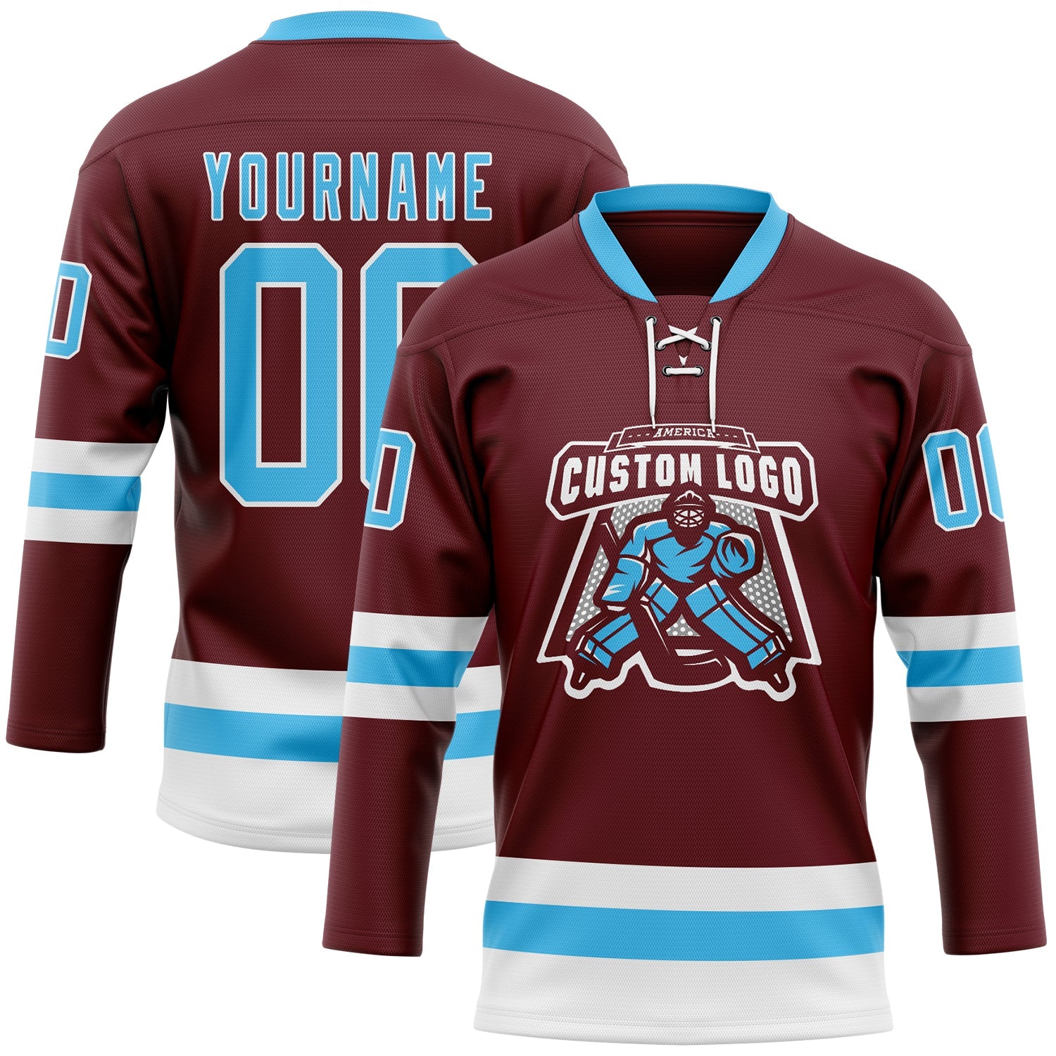 Custom Burgundy Sky Blue-White Hockey Lace Neck Jersey view 2