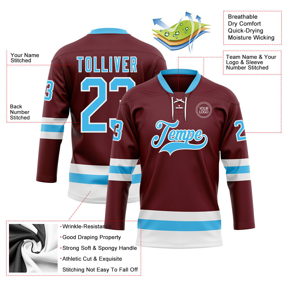 Custom Burgundy Sky Blue-White Hockey Lace Neck Jersey view 3