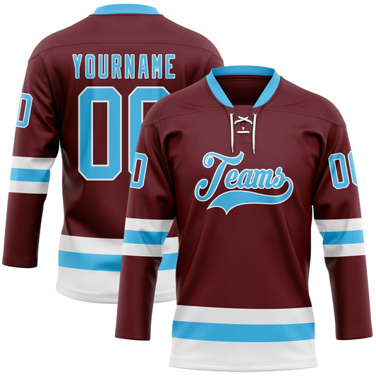 Custom Burgundy Sky Blue-White Hockey Lace Neck Jersey - Main View