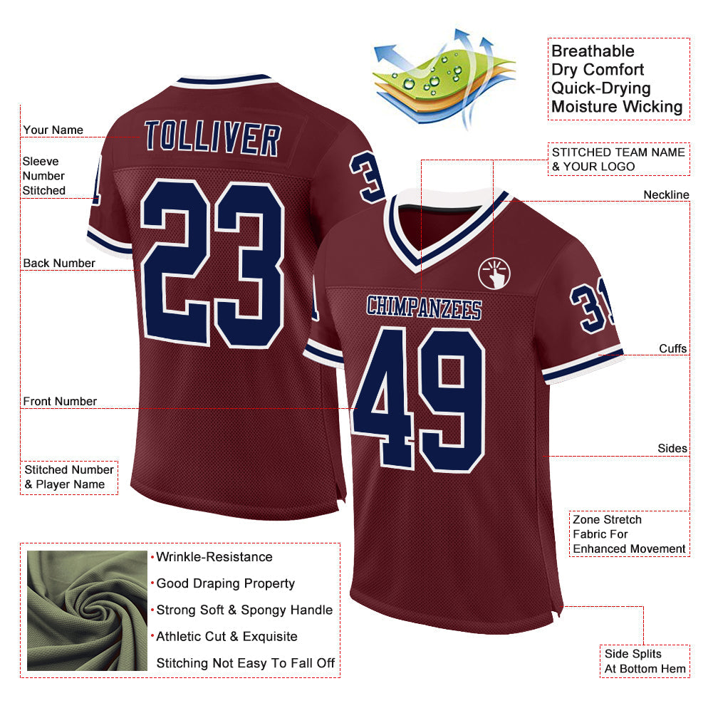 Custom Burgundy Navy-White Mesh Authentic Throwback Football Jersey view 2