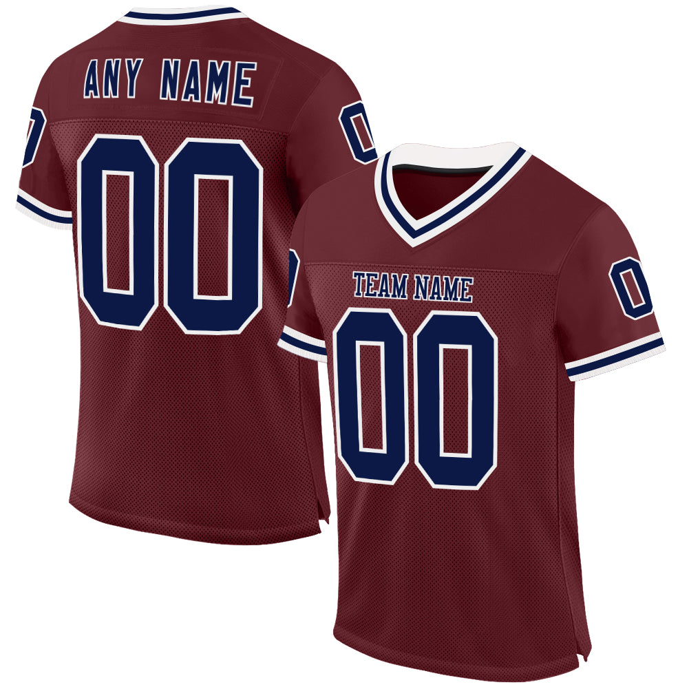 Custom Burgundy Navy-White Mesh Authentic Throwback Football Jersey - Main View