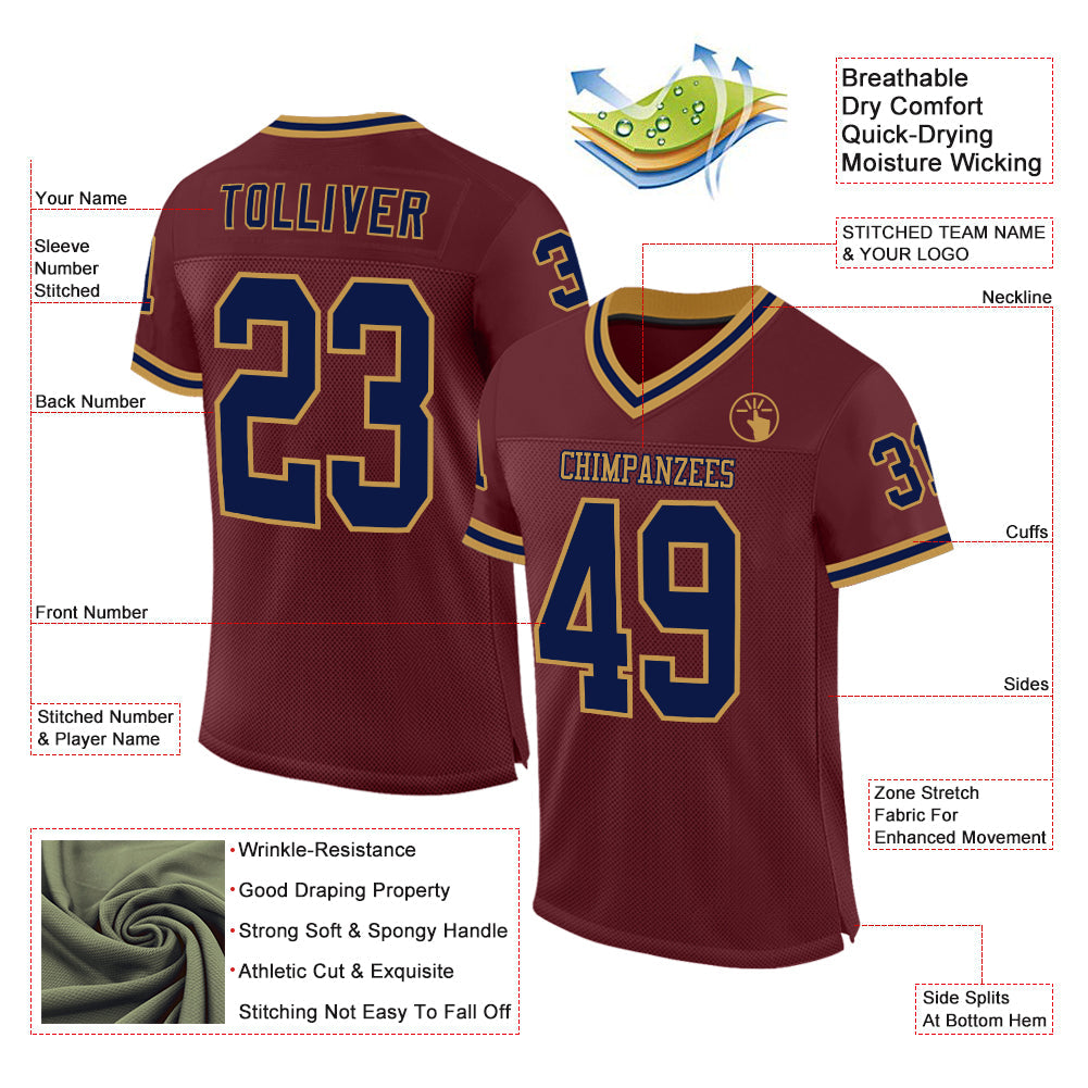 Custom Burgundy Navy-Old Gold Mesh Authentic Throwback Football Jersey view 2