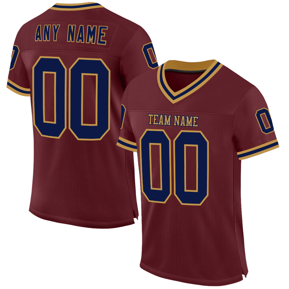 Custom Burgundy Navy-Old Gold Mesh Authentic Throwback Football Jersey - Main View