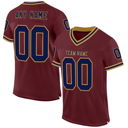 Custom Burgundy Navy-Old Gold Mesh Authentic Throwback Football Jersey - Main View