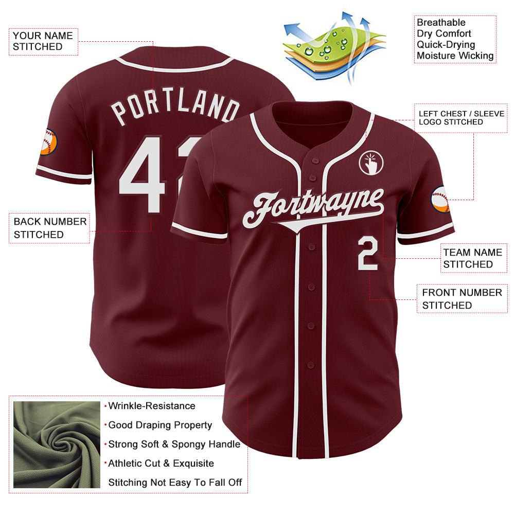 Custom Burgundy White Authentic Baseball Jersey view 3