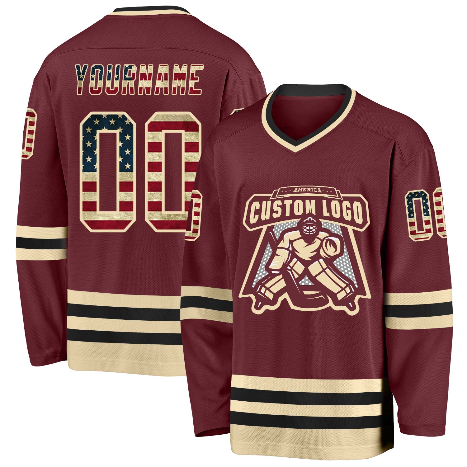 Custom Burgundy Vintage USA Flag Cream-Black Hockey Jersey view 2