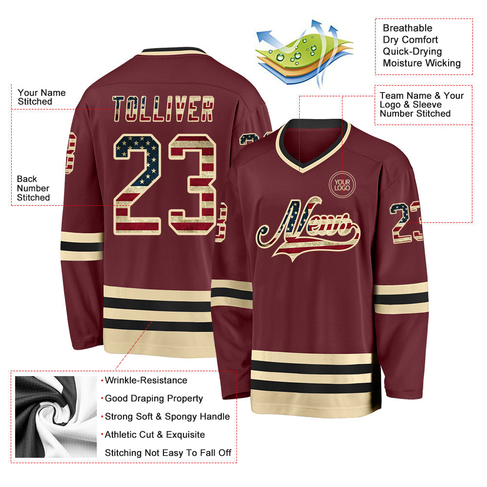Custom Burgundy Vintage USA Flag Cream-Black Hockey Jersey view 3