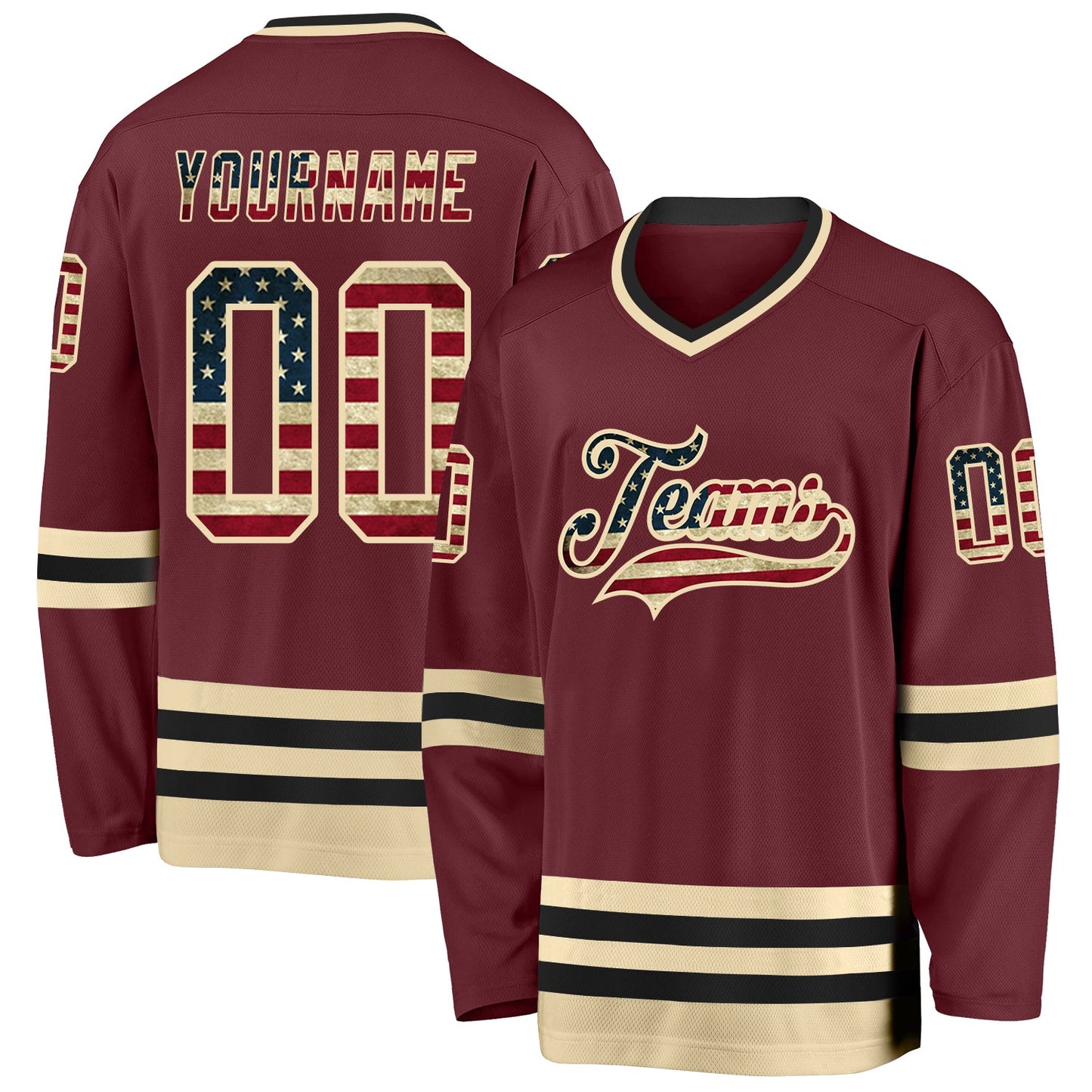Custom Burgundy Vintage USA Flag Cream-Black Hockey Jersey - Main View