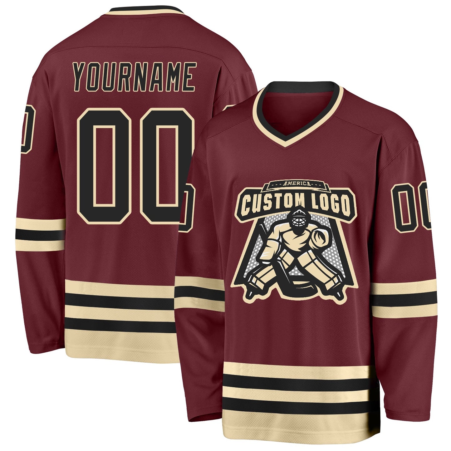 Custom Burgundy Black-Cream Hockey Jersey view 2