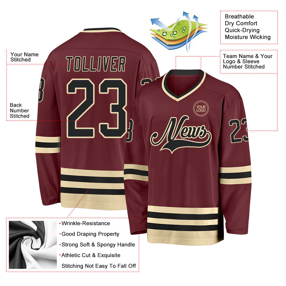 Custom Burgundy Black-Cream Hockey Jersey view 3