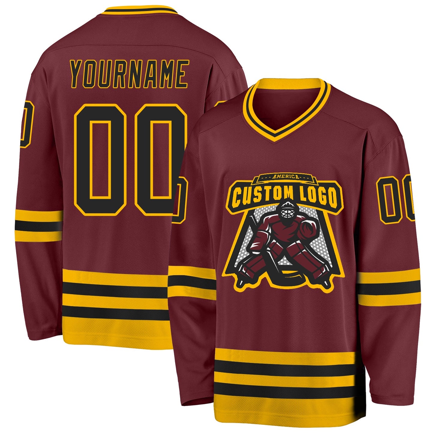 Custom Burgundy Black-Gold Hockey Jersey view 2