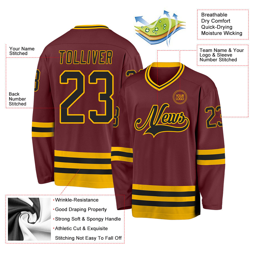 Custom Burgundy Black-Gold Hockey Jersey view 3